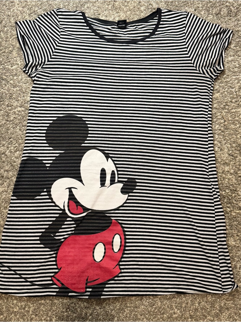 Mickey Mouse Striped Graphic Tee - Black White Red Long tee Fits Medium Womens